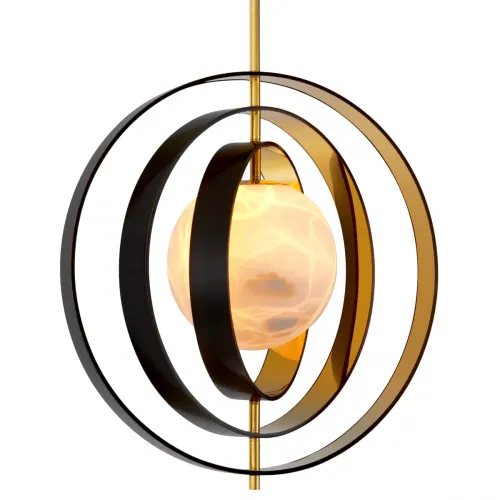 Gold Finish White Alabaster Globe within 4 black ring Luxury Single Pendent Chandelier Light by Luxury Group International