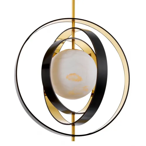 Gold Finish White Alabaster Globe within 4 black ring Luxury Single Pendent Chandelier Light by Luxury Group International
