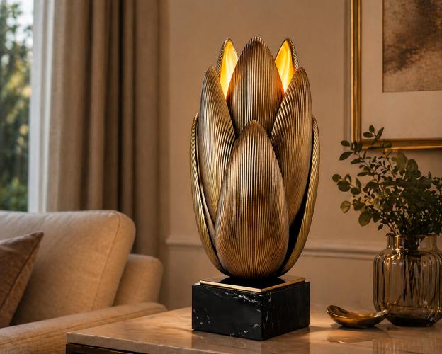 Lampada da tavolo Gold Floral in ottone vintage con motivo di loto in ottone e base in marmo nero di Luxury Group International