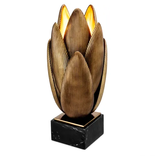 Lampada da tavolo Gold Floral in ottone vintage con motivo di loto in ottone e base in marmo nero di Luxury Group International