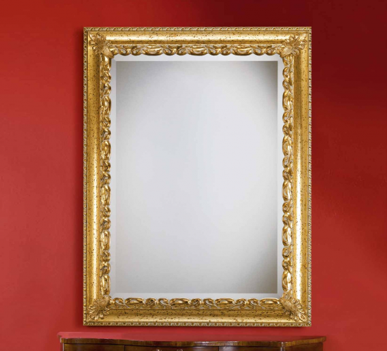 Gold Leaf Hand-Carved Scroll Baroque Luxury Wall Mirror with Red Clay Patina & Corner Flower Details Front View by Luxury Group International