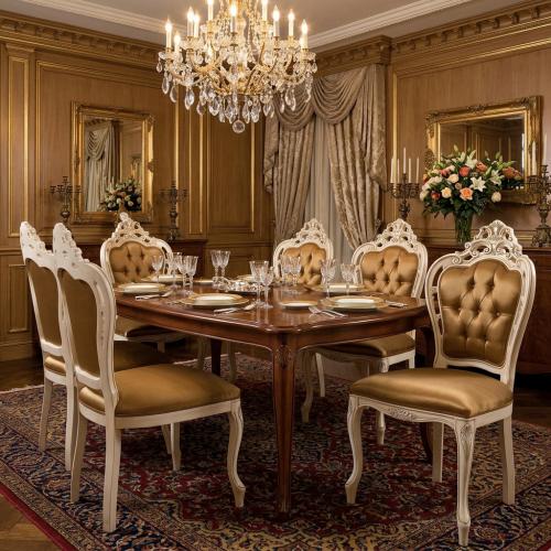 Gold Satin Button-Tufted Baroque Luxury Dining Chair with Sculpted Crown in Ivory Frame - Dining Room Furniture Lifestyle View by Luxury Group International