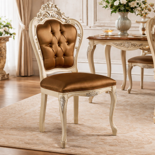 Gold Satin Button-Tufted Baroque Luxury Dining Chair with Sculpted Crown in Ivory Frame - Dining Room Furniture Lifestyle View by Luxury Group International