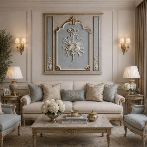 Golden & Blue Luxus Antikes Dekoratives Wandpaneel mit Klassischem Europäischem Reliefdesign von Luxury Group International