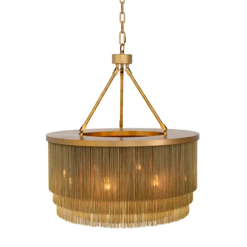 Golden chain fringe modern luxury drum shaped layered chandelier by Luxury Group International