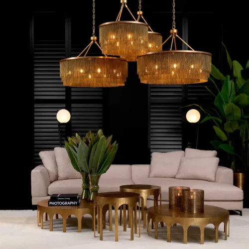Golden chain fringe modern luxury drum shaped layered chandelier by Luxury Group International