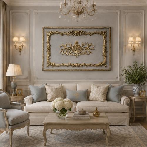 Gold- und Silberfarbenes Luxus Barock Wandkunst-Panel mit Verziertem Vergoldetem Relief – 130 x 82 CM von Luxury Group International