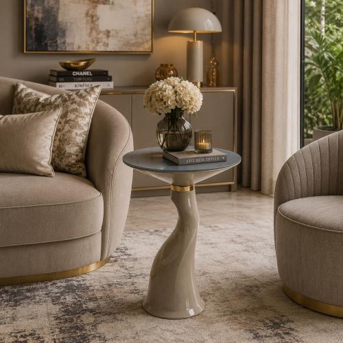 Gray Round Top Luxury Modern Side Table in Gold Polished Metal with Hourglass Base by Luxury Group International
