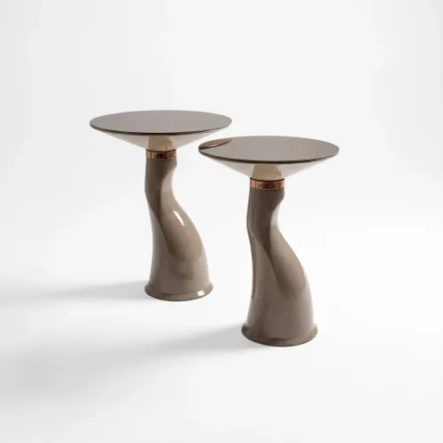 Gray Round Top Luxury Modern Side Table in Gold Polished Metal with Hourglass Base by Luxury Group International