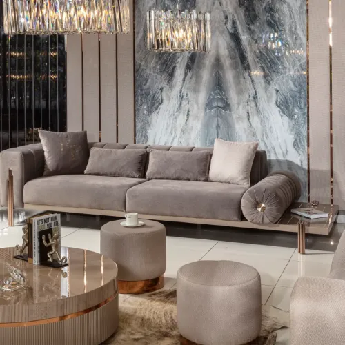 Sofá Moderno de Lujo Gris Tapizado para Cuatro Personas con Mesa de Centro Integrada por Luxury Group International