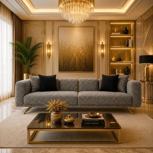 Sofá Moderno de Lujo Tapizado en Gris con Detalles Dorados por Luxury Group International