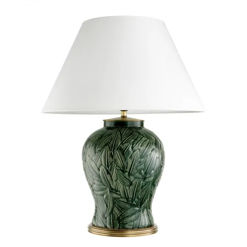 Lampada da tavolo moderna di lusso in ceramica verde con motivo botanico a foglia e finitura in ottone antico di Luxury Group International