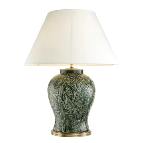 Lampada da tavolo moderna di lusso in ceramica verde con motivo botanico a foglia e finitura in ottone antico di Luxury Group International