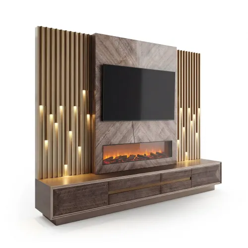 Mobile TV Moderno di Lusso Grigio-Marrone con Illuminazione LED e Camino di Luxury Group International