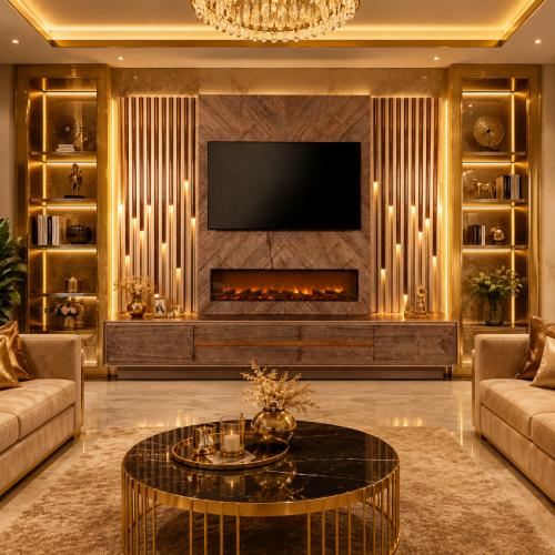 Mobile TV Moderno di Lusso Grigio-Marrone con Illuminazione LED e Camino di Luxury Group International