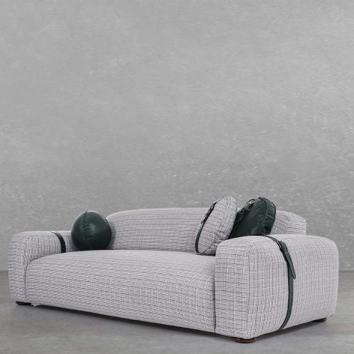 Grey Fabric Luxury Double Seater Sofa with Leather Belt Accents - Living Room Furniture Front View by Luxury Group International