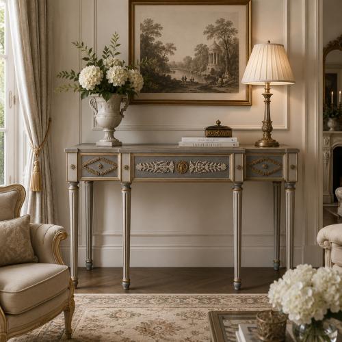 Console Néoclassique de Luxe Gris et Doré avec Panneau en Relief Orné par Luxury Group International