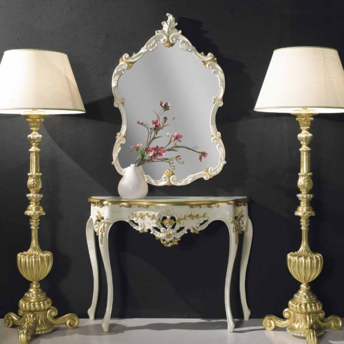 Hand-Carved Ivory Baroque Mirror Console Set — Luxury Ornate Gold Leaf Feathered Crown Edition - Baroque Furniture Front View by Luxury Group International