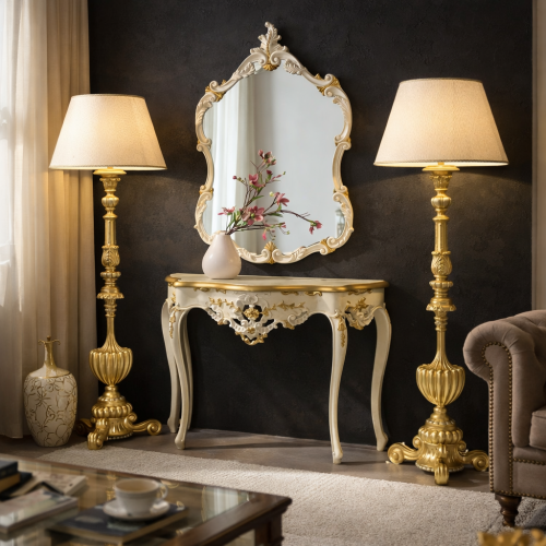 Set Consolle con Specchio Barocco Intagliato a Mano in Avorio — Edizione Lusso con Corona di Piume in Foglia d'Oro Ornato - Mobili Barocchi Vista lifestyle di Luxury Group International