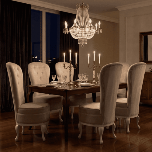 Sedia da Pranzo di Lusso in Velluto con Schienale Alto e Bottoni Capitonné Finitura Oro Champagne - Mobili per Sala da Pranzo Vista lifestyle di Luxury Group International