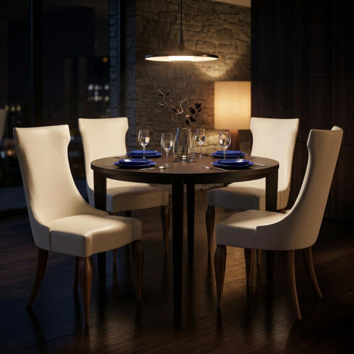 Silla de Comedor Tapizada en Crema de Lujo con Respaldo Alto y Patas de Madera Esculpidas - Muebles para Comedor Vista lifestyle por Luxury Group International
