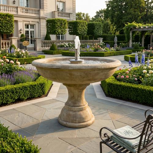 Illuminated Luxury Plate Basin Baroque Water Fountain with Central Jet & Pedestal Base - Baroque Fountain Lifestyle View by Luxury Group International