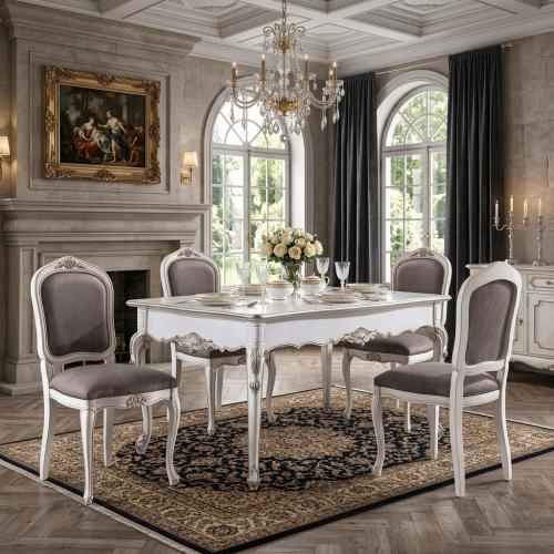 Ivory Baroque Luxury Dining Room Set - 1 Square Extendable Table & 4 Grey Upholstered Chairs Lifestyle View by Luxury Group International