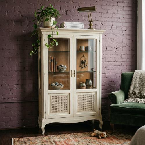 Ivory Baroque Luxury Display Cabinet with Glass Doors and Cane Panel Storage Base - Baroque Furniture Lifestyle View by Luxury Group International