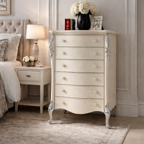 Ivory Baroque Luxury Dresser with Silver Leaf Carved Detailing — Multi-Drawer Storage - Bedroom Furniture Lifestyle View by Luxury Group International