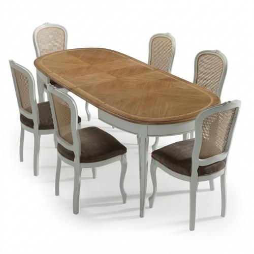 Ivory Baroque luxury Extendable Dining Room Set with Marquetry Oval Table & 6 Cane Back Chairs Front View by Luxury Group International