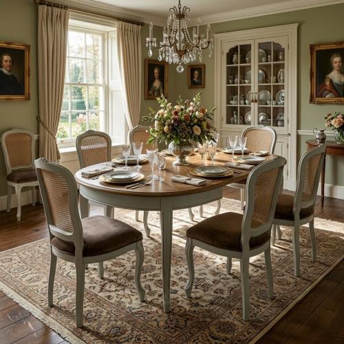 Ivory Baroque luxury Extendable Dining Room Set with Marquetry Oval Table & 6 Cane Back Chairs Lifestyle View by Luxury Group International