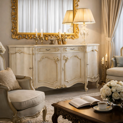 Credenza Barocca di Lusso Avorio con Accenti Dorati, Pannello Multi-Storage e Cassetti - Mobili Barocchi Vista lifestyle di Luxury Group International
