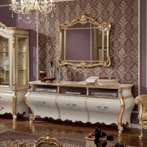 Ivory Baroque Luxury Sideboard with Golden Trim – Multi Open Display Shelves & Curved Storage Drawers Lifestyle View by Luxury Group International