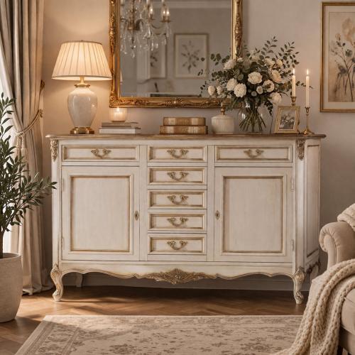 Ivory Baroque Luxury Sideboard with Multi Drawer Storage in Sculpted Curved Base - Baroque Furniture Lifestyle View by Luxury Group International