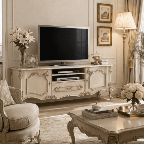 Ivory Baroque Luxury Television Console with Open Media Shelf and Storage Cabinet - Baroque Furniture Lifestyle View by Luxury Group International