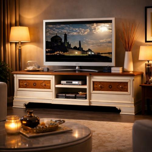 Ivory Baroque Luxury Television Furniture with Marquetry Drawer Fronts & Open Media Shelf - Baroque Furniture Lifestyle View by Luxury Group International