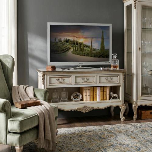 Ivory Baroque Luxury Television Furniture with Multi-Storage Cabinet in Gold Carved Accent - Baroque Furniture Lifestyle View by Luxury Group International