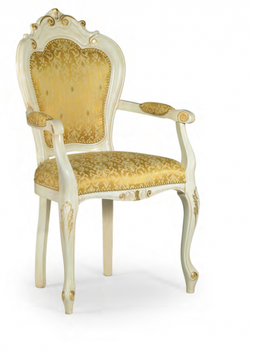 Ivory Baroque Luxury Upholstered Dining Armchair with Gold Pattern Fabric in Sculpted Frame - Baroque Furniture Front View by Luxury Group International