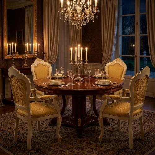 Poltrona da Pranzo Imbottita di Lusso Barocca Avorio con Tessuto a Motivo Dorato e Struttura Intagliata - Mobili Barocchi Vista lifestyle di Luxury Group International