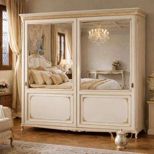 Armadio di Lusso Barocco Avorio con Ante Scorrevoli Specchiate e Dettagli Decorativi Dorati - Mobili Barocchi Vista lifestyle di Luxury Group International