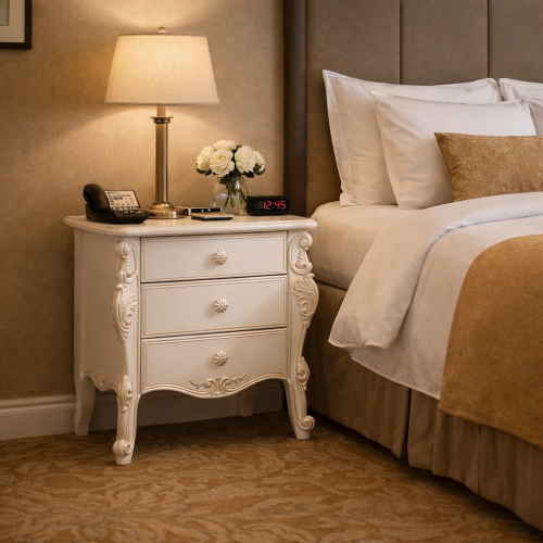 Comodino Barocco con Finitura Avorio e Intagli a Voluta - Tre Cassetti - Mobili da Camera da Letto Vista lifestyle di Luxury Group International