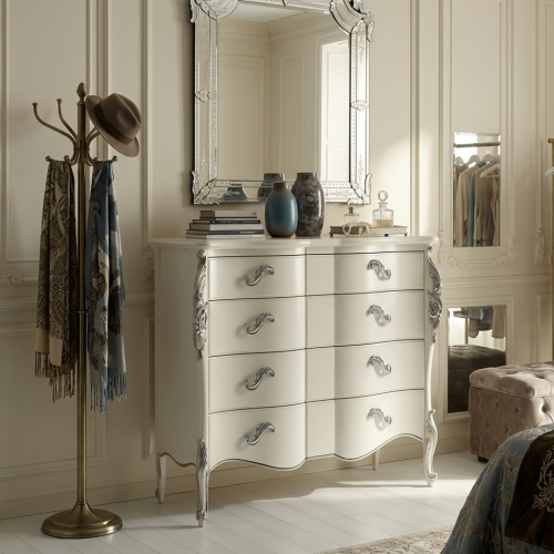 Ivory Finish Luxury Baroque Dresser with Silver Leaf Carved Detailing - Multi-Drawer Storage - Bedroom Furniture Lifestyle View by Luxury Group International