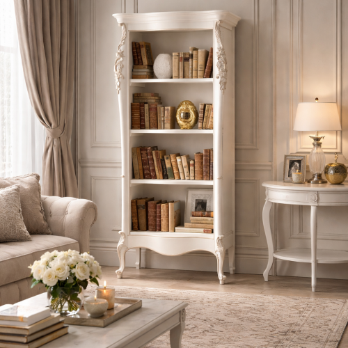 Ivory Finish Luxury Open Shelves with Baroque Floral Carved Detailing - Luxury Living Room Furniture Lifestyle View by Luxury Group International