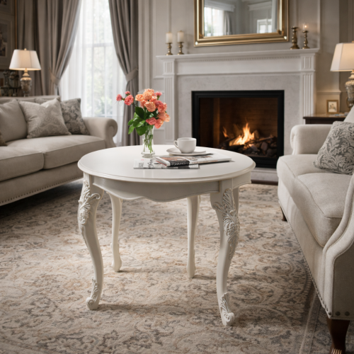 Ivory Finish Luxury Round Baroque Side Table with Carved Acanthus Cabriole Legs - Lobby & Reception Furniture Lifestyle View by Luxury Group International