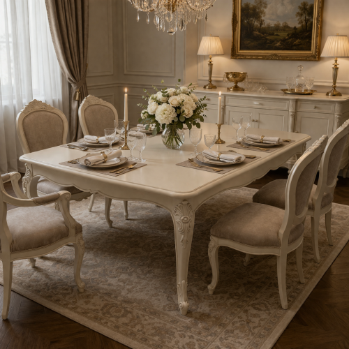 Ivory Lacquered Luxury Baroque Dining Table with Sculpted Cabriole Legs - 161 CM - Luxury Dining Room Furniture Lifestyle View by Luxury Group International
