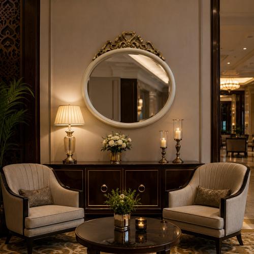 Ivory Oval Baroque Luxury Wall Mirror with Open Scroll Gold Crest - Baroque Mirror Lifestyle View by Luxury Group International