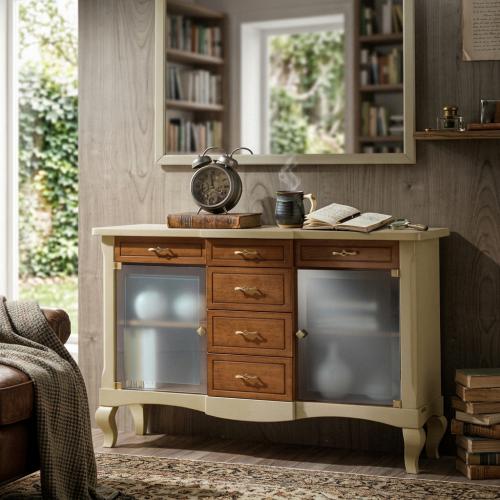 Credenza Barocca di Lusso Avorio & Noce con Ante in Vetro Satinato e Multi Cassetti - Mobili Barocchi Vista lifestyle di Luxury Group International