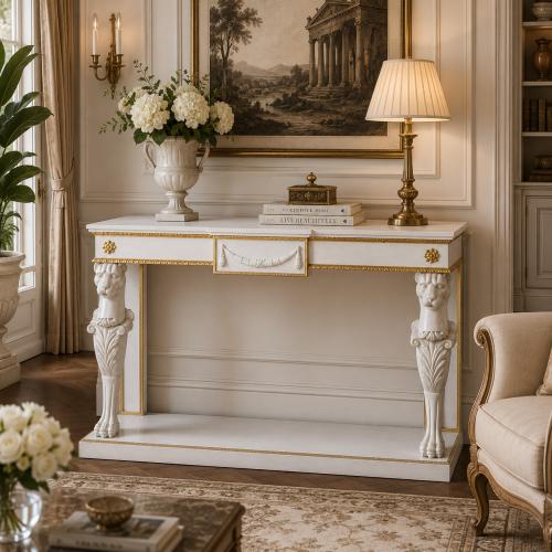 Console de luxe ivoire blanc avec pieds sculptés en forme de lion par Luxury Group International