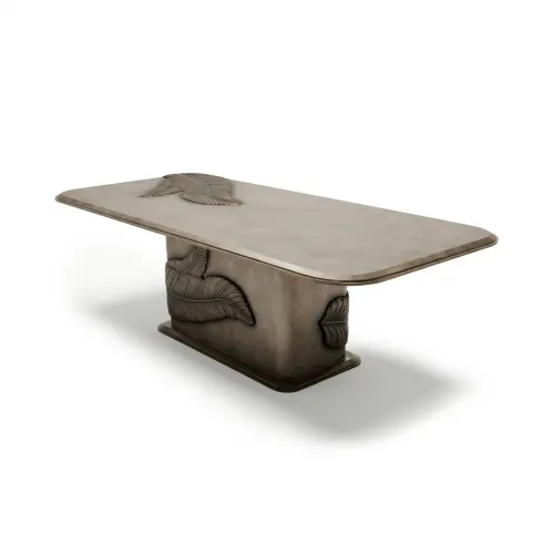 Sculptural Luxury Dining Table in warm taupe satin-matte with antique bronze leaf design by Luxury Group International