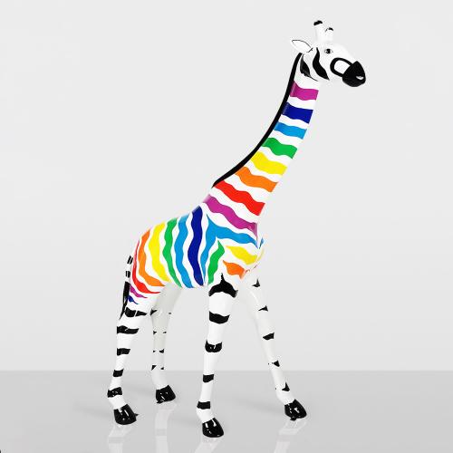 Life-Size Giraffe Sculpture – Colorful Zebra Stripes Detail View by Luxury Group International